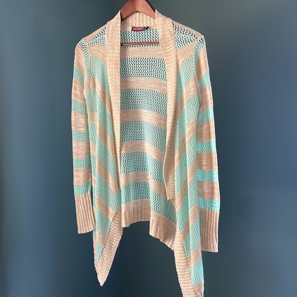 Say What? Cream and Blue Cardigan Sweater with Waterfall Front - Picture 1 of 4